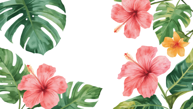 Illustration of watercolor tropical leaves and flowers frame isolated on transparent background