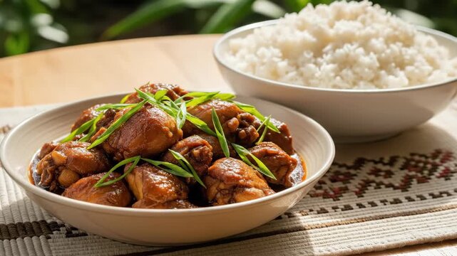 Traditional Filipino chicken adobo served with bowl of steamed white rice on wooden table