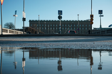 A puddle in front of famous building