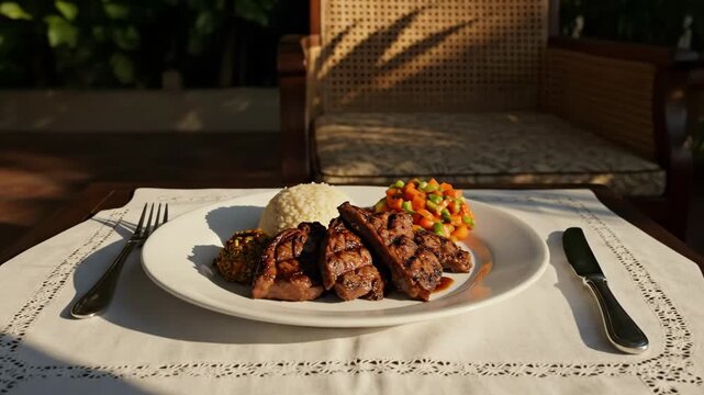 Delicious Kenyan Nyama Choma grilled meat with rice and vegetables served for dinner outdoors
