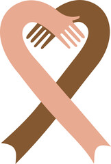 Fototapeta premium Minimalist illustration of two hands forming an awareness ribbon in heart shape, symbolizing unity, diversity, equality, compassion, and global support for health and social awareness campaigns.