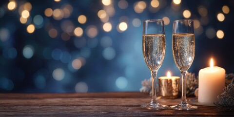 Vibrant photo of champagne glasses and lit candle with bokeh lights