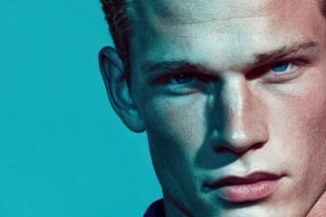 A close-up portrait of a young man's face, illuminated by blue and pink light, showing his features and clear blue eyes with a determined look against a turquoise background.