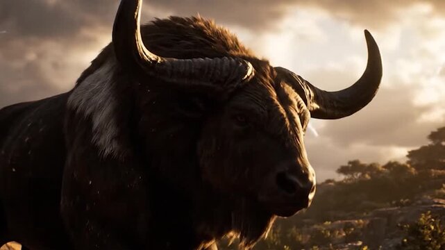 Majestic Bull with Horns in Golden Hour Sunlight.