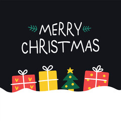 Cute Merry Christmas Greeting with Gifts and Tree on Chalkboard Background