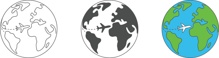 Fototapeta premium Global Travel by Airplane Airplane Flight Route Around the World Globe Set