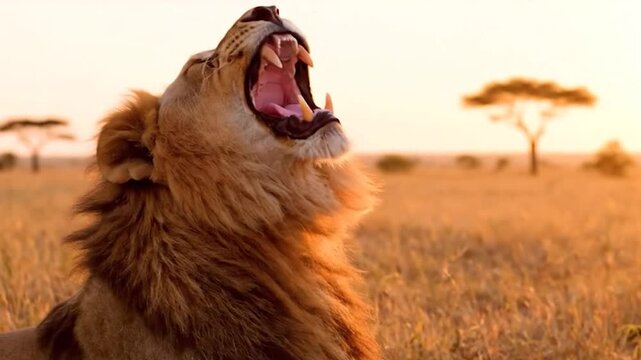 Majestic Lion Roaring in Golden Sunset on African Savannah.