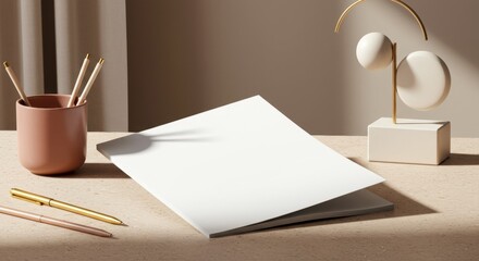 Open blank notebook lies on surface near pencils and decor, ready for writing. Open blank notebook next to pen is perfect for jotting down notes, ideas, or tasks.