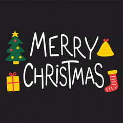 Cute Merry Christmas Greeting with Gifts and Tree on Chalkboard Background