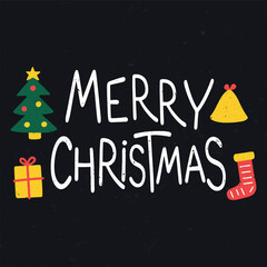 Cute Merry Christmas Greeting with Gifts and Tree on Chalkboard Background
