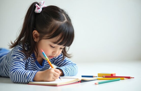 Cute child writes with pencil in notebook. Young girl learns and draws with colorful pencils and eraser. Kid is creative and focused on paper.