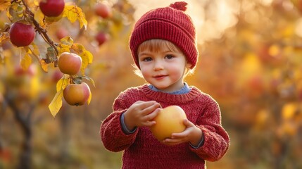 A smiling child in a red sweater picks apples in a sunlit orchard, enjoying the autumn harvest season