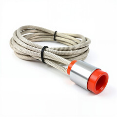 Steel wire rope with red end fitting coiled on white background  