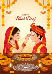Sacred Bhai Dooj Scene Sister Performing Ritual Prayer in Front of Brother Surrounded by Bright Diyas Lotus Flowers Golden Cloth Backdrop Capturing Spiritual Light and Sibling Bond in Vibrant Colors