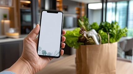 A hand holds a smartphone with a blank screen, while a basket of fresh herbs and veggies adds life to the kitchen