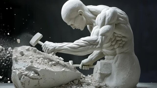 Carve your being: a statue removes excess stone from its own body, illustrating ambition, mental strength, and the disciplined act of becoming one ideal self through persistent refinement