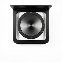Modern black subwoofer speaker on white background  