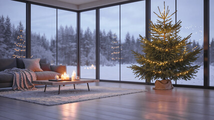 Cozy living room with a beautifully decorated Christmas tree, soft blankets, and candles, creating a warm atmosphere against a snowy winter landscape outside