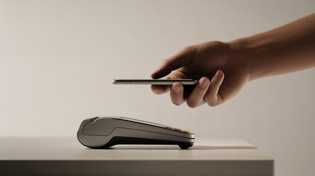 Hand holding smartphone above contactless payment terminal on a table, demonstrating modern technology for secure transactions and digital payment solutions