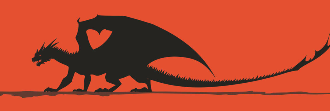 Black dragon silhouette walking with extended wings and long tail on plain red background minimalist vector illustration fantasy creature design