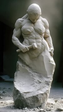 Carve your being: a statue removes excess stone from its own body, illustrating ambition, mental strength, and the disciplined act of becoming one ideal self through persistent refinement