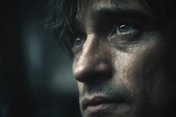 A close-up portrait of a man with intense gaze, his eyes reflecting depth and emotion, showcasing intricate skin texture and thoughtful expression in dim light.