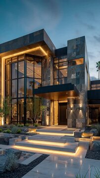 Illuminated Modern Luxury House Desert Landscape Night LED Lights Stone Facade Contemporary Design

