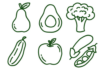 Line art illustration of various fruits and vegetables including pear, avocado, broccoli, cucumber, apple, and peas on transparent background.