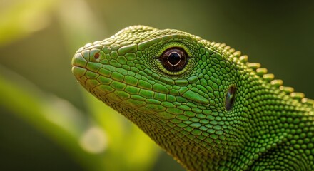 Fototapeta premium Bright green lizard headshot, detailed skin texture, soft blurred background