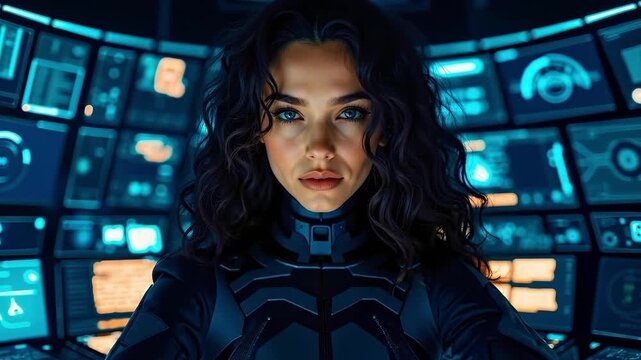 A woman in a futuristic space suit standing in front of a control room