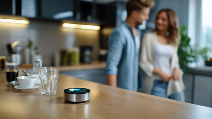 Defocused pair standing near kitchen counter with sharp detailed wireless AI device responding to commands, with copy space