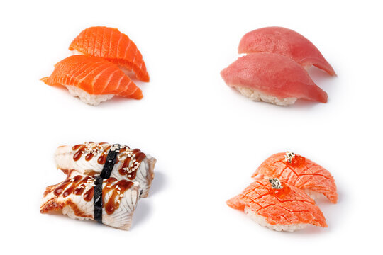 Nigiri sushi assortment with salmon, tuna and eel isolated on white background