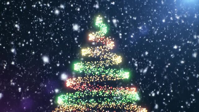 Magical snowfall cascades around glittering christmas tree in nighttime wonderland