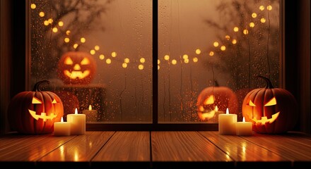 Fototapeta premium Cozy Halloween windowsill with jack-o'-lanterns & candles.
