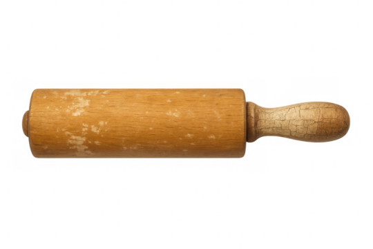 Wooden rolling pin with handle for flattening dough, preparing pastry or bread, featuring a used, vintage appearance, on transparent background