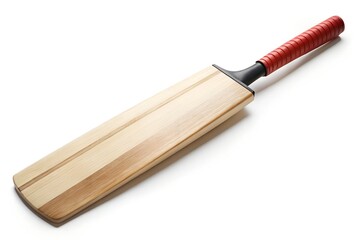 Wooden cricket bat with red grip isolated on white background