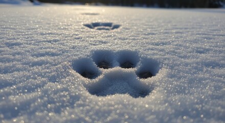 Paw prints in fresh snow, showing clear outlines and texture. The scene captures a serene winter landscape with glistening snow under soft sunlight.