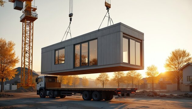 Crane lifts modular house part at construction site. Prefabricated building module delivered by truck for assembly. New residential home project shows modern architecture and engineering technology.