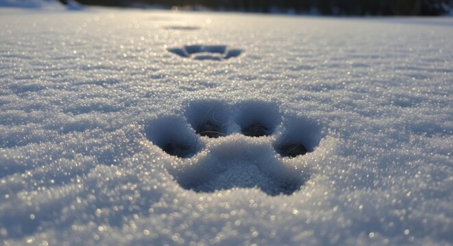Paw prints in fresh snow, showing clear outlines and texture. The scene captures a serene winter landscape with glistening snow under soft sunlight. - Powered by Adobe