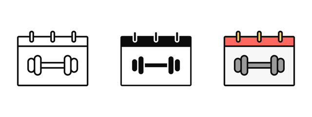 Fitness schedule icon collection designed in stroke, fill, and color variations, isolated on a white background. Perfect for fitness apps, web interfaces workout planners, and gym management concepts.