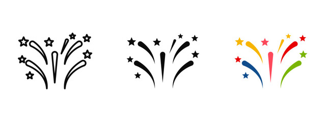 Fireworks icon collection designed in stroke, fill, and color variations, isolated on a white background. Perfect for mobile apps, web interfaces, holiday events, and celebration concepts.