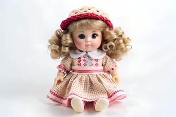 Vintage doll with blonde curly hair wearing a pink dress and hat isolated on transparent background