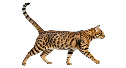 Bengal cat with distinctive spots walks gracefully on a black background showcases beauty