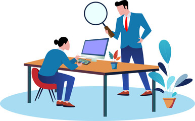 Micromanaging boss or toxic manager concept, business leader using magnifying glass to supervise employee work