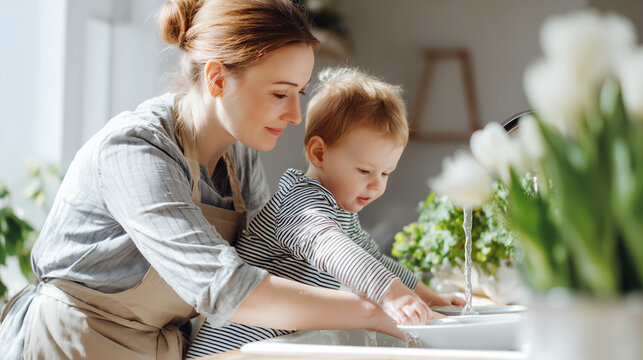Caring mother teaches her toddler son to wash dishes 