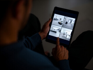A person's hand touches a tablet screen displaying multiple home security camera feeds