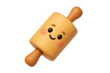 Cute cartoon rolling pin character 3d rendering for baking, cooking, and kitchen utensils on transparent background