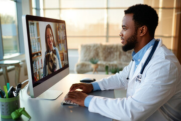 Veterinarian consults client and dog remotely via telehealth video call