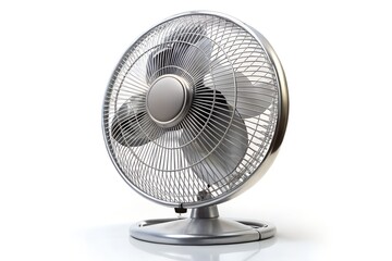 Silver metal oscillating desk fan isolated on white background