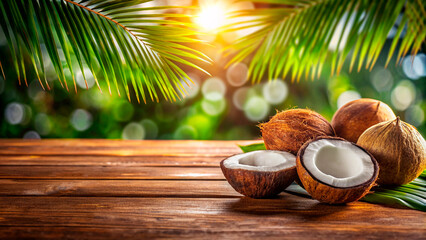 Brown coconut cut in half shell with white flesh, thick and soft. Coconut milk is extracted to make fragrant coconut oil, used in aromatherapy
